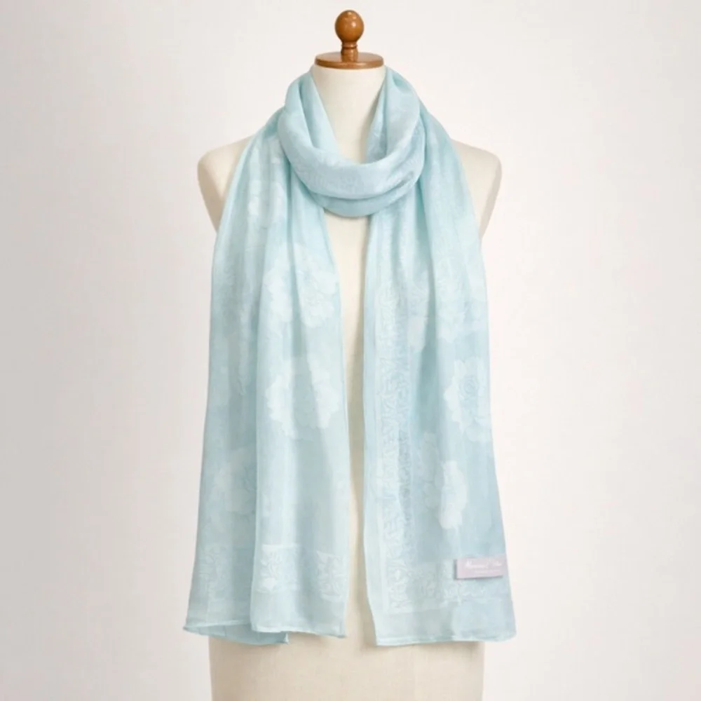 Marina D’Este Silk Jacquard Scarf Seafoam Blue Floral Resort Wrap OS